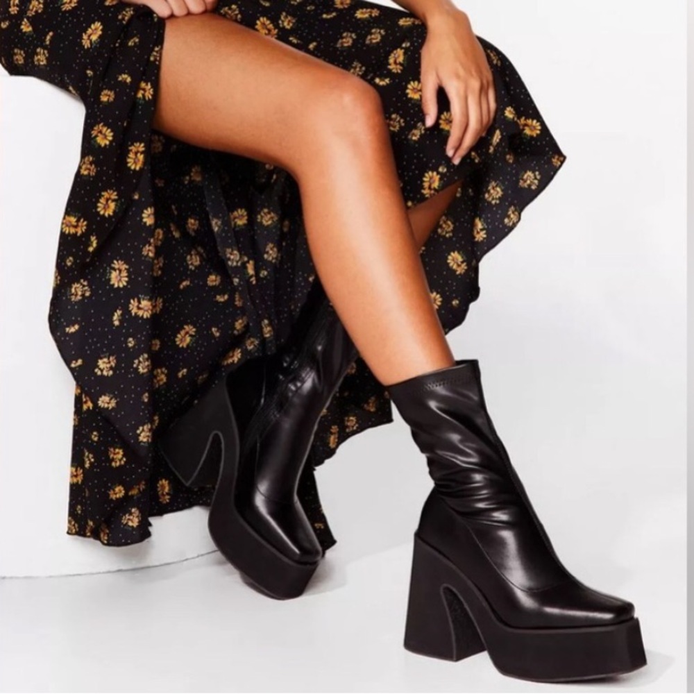 NastyGal Square Toe Platform Faux Leather Sock Boots black sizes 8 & 9 BNIB